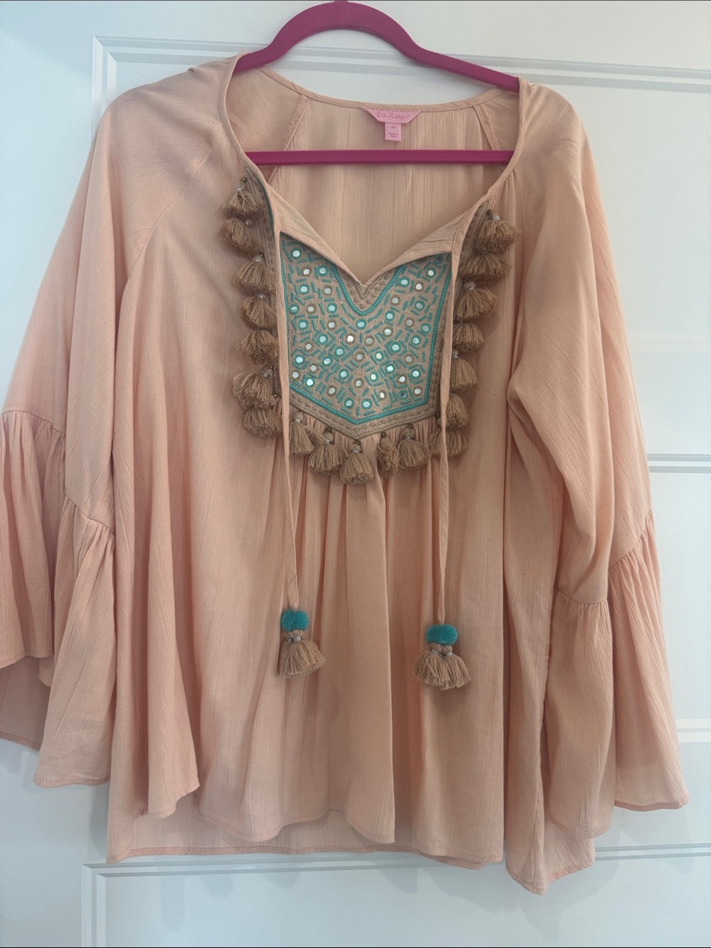 Lilly Pulitzer Peach Tassel Peasant Blouse with Turquoise Embroidery